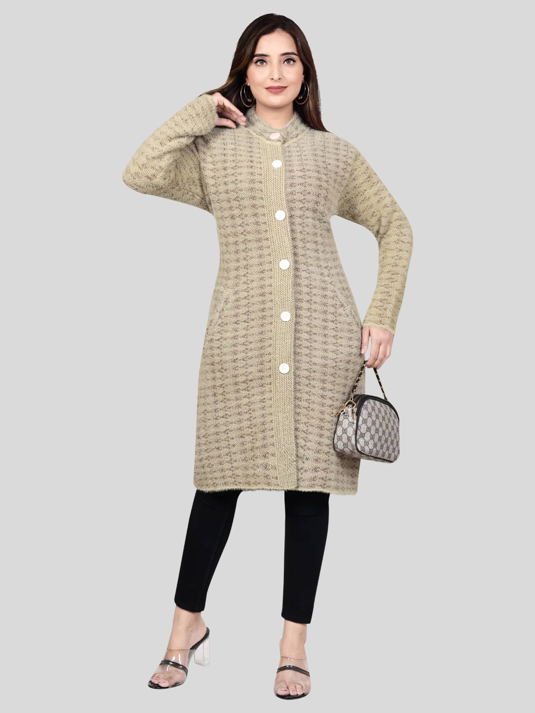 WOOL'S KART Woollen Chinese/Mandarin Collar Women's Buttoned Cardigans - Beige (Pack of 1) WOOL'S KART Woollen Chinese/Mandarin Collar Women's Buttoned Cardigans - Beige (Pack of 1)