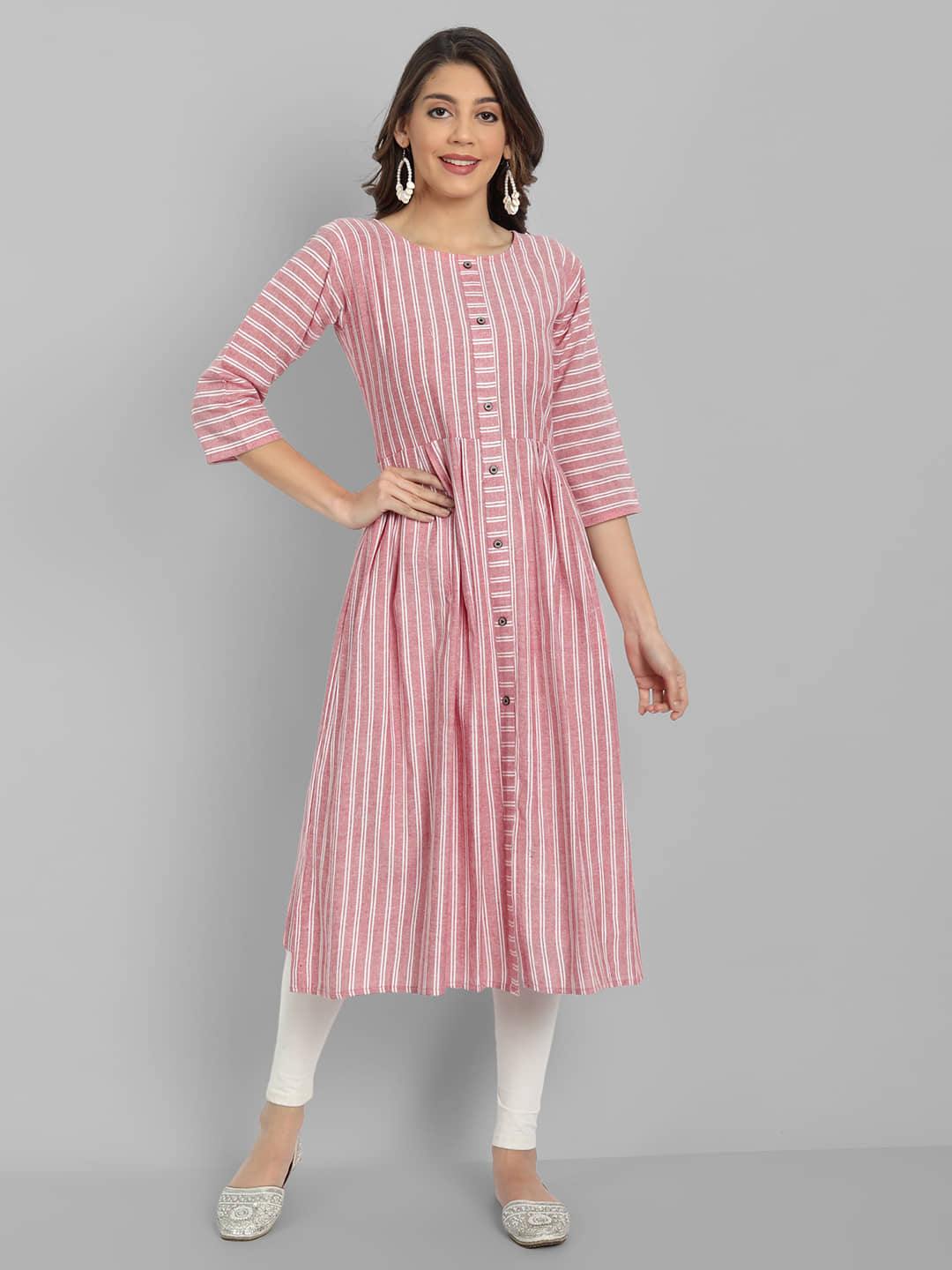 Hetsa Cotton Striped Flared Women's Kurti - Pink ( Pack of 1 ) - Kurtis, Tunics | Buy online on ZillyBuy