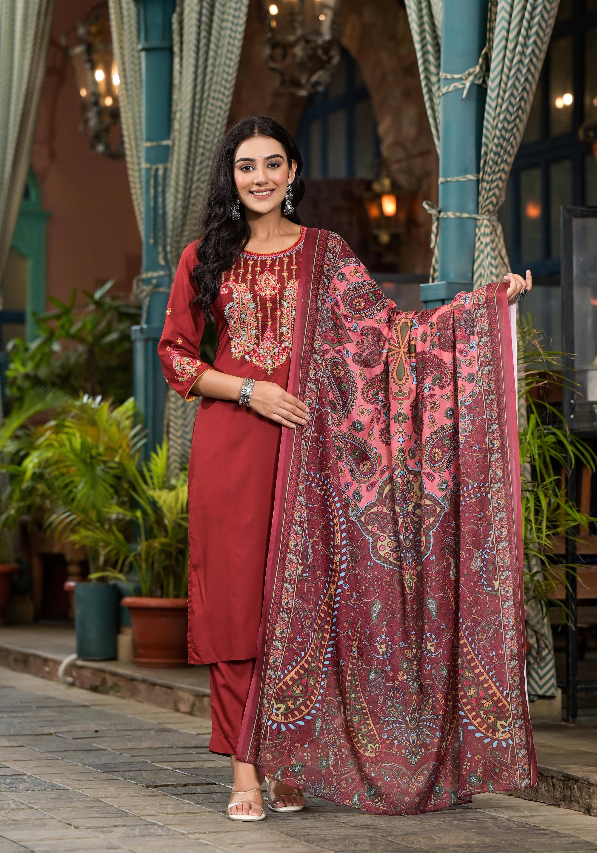 Juniper Rayon Embroidered Kurti With Pants Women's Stitched Salwar Suit - Brown ( Pack of 1 ) Juniper Rayon Embroidered Kurti With Pants Women's Stitched Salwar Suit - Brown ( Pack of 1 )