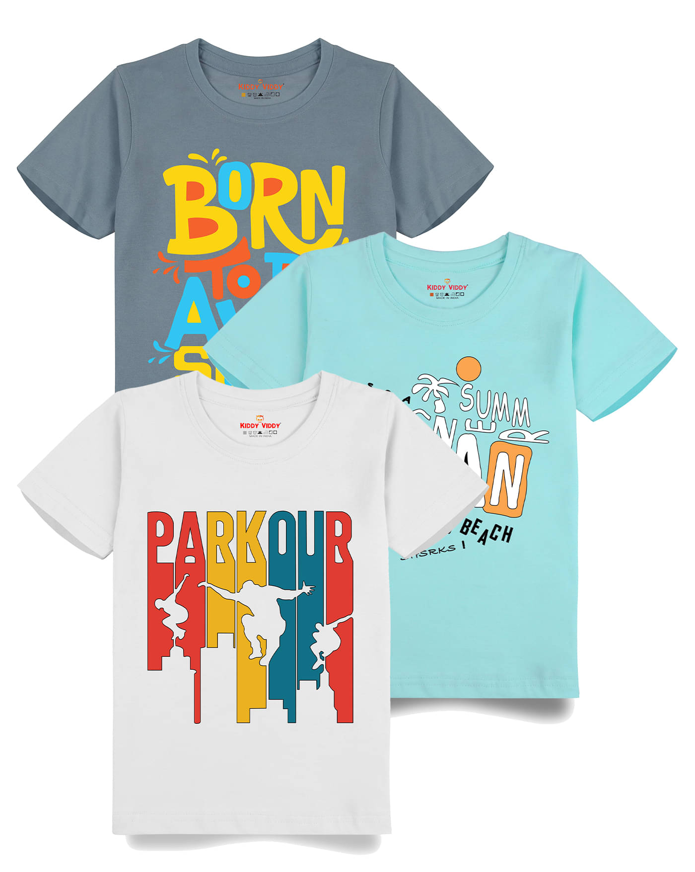     			KIDDY VIDDY Pack of 3 Boys Cotton T-Shirt ( Aqua )