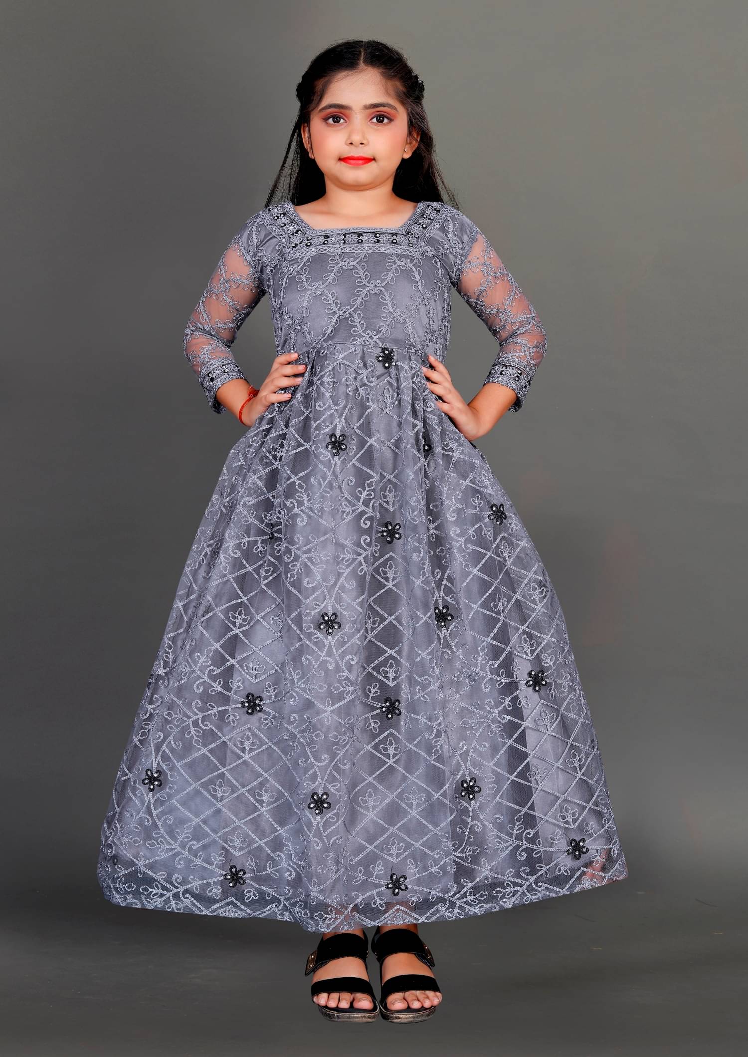 Lady Shopi Net Fit And Flare Dress For Girls ( Pack of 1 , Grey )     			Lady Shopi Net Fit And Flare Dress For Girls ( Pack of 1 , Grey )