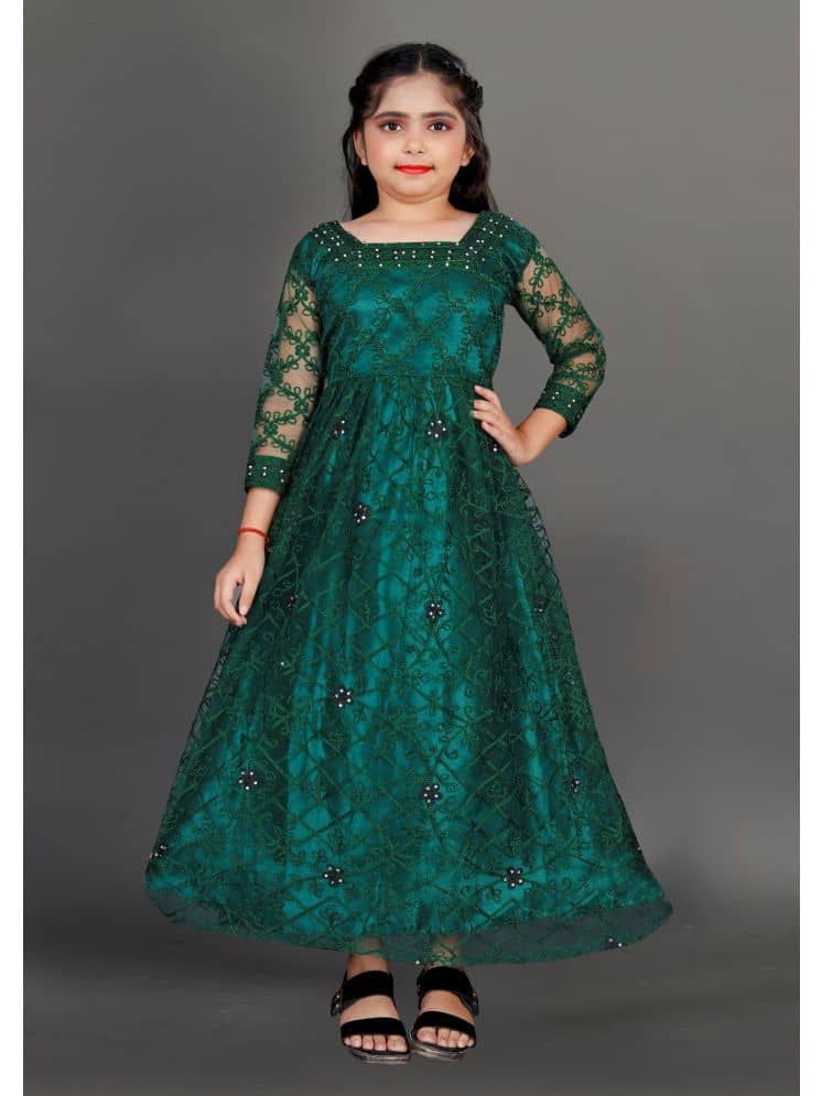 Lady Shopi Net Fit And Flare Dress For Girls ( Pack of 1 , Green )