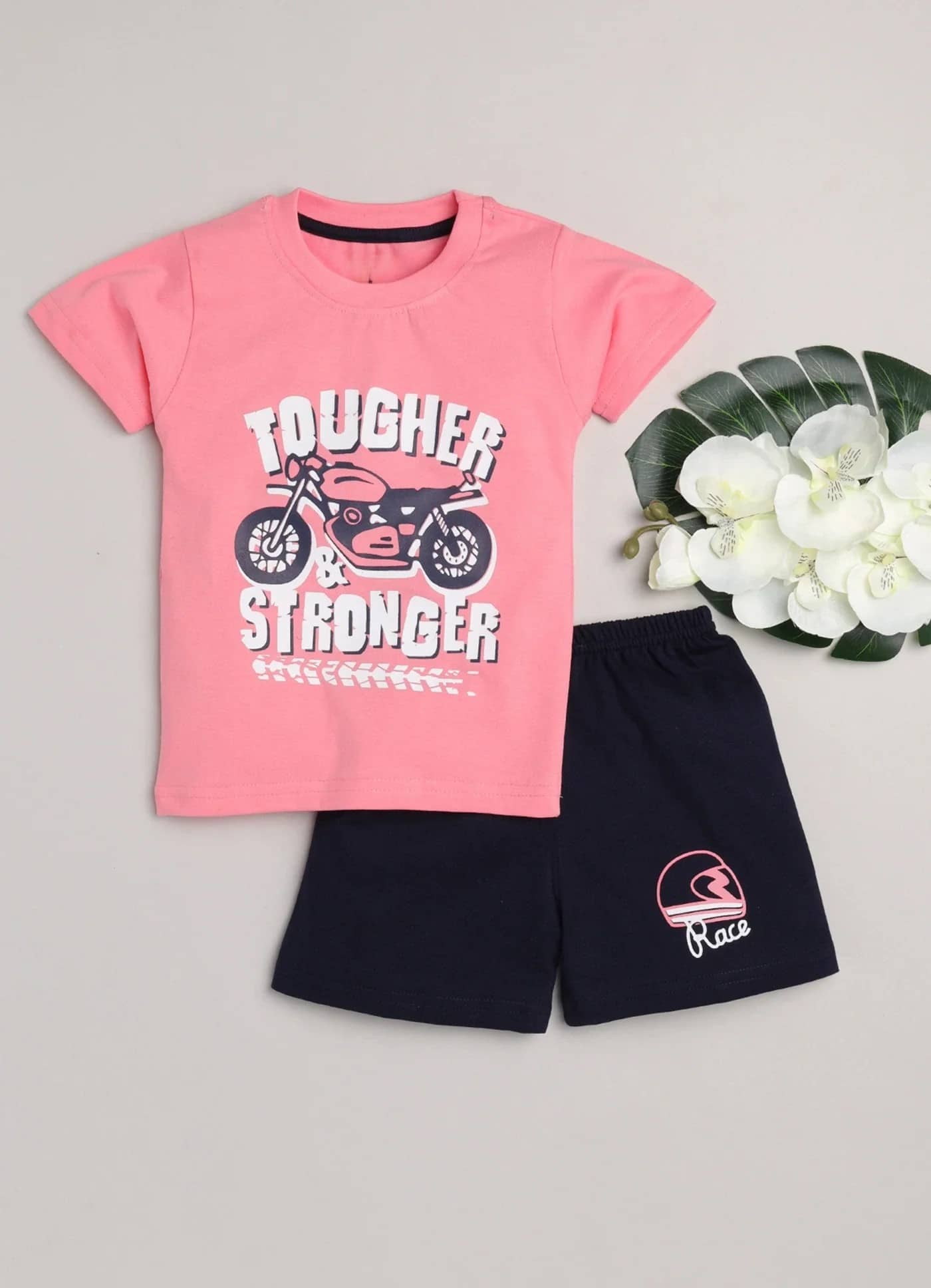 MUSNAH GARMENTS Pack of 2 Boys Cotton T-Shirt & Shorts Set ( Pink )