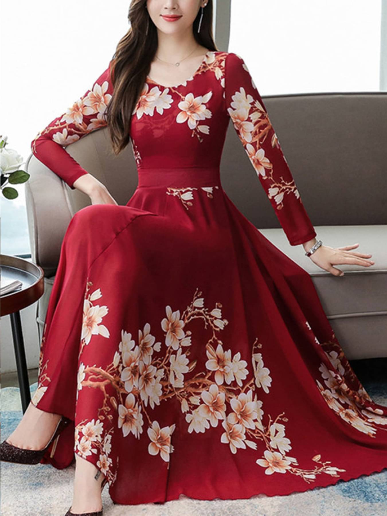     			Raabta Fashion Women Crepe Printed Fit & Flare Dress ( Red )