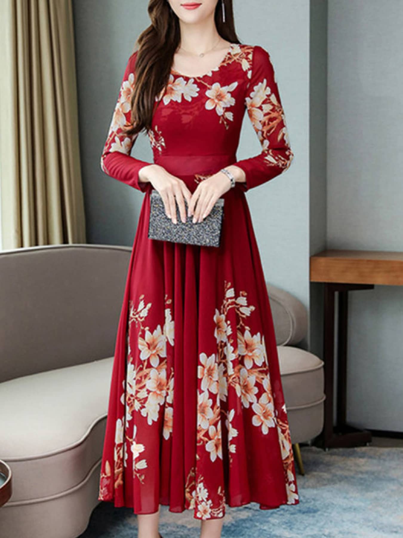 Raabta Fashion Women Crepe Printed Fit & Flare Dress ( Red )