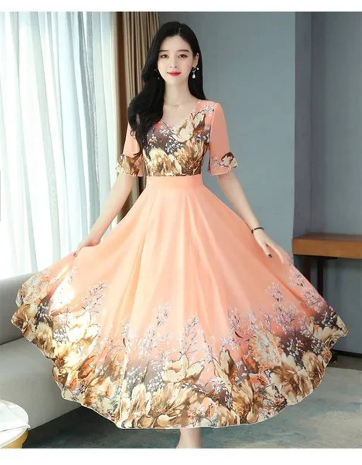Raabta Fashion Women Georgette Printed Fit & Flare Dress ( Peach )