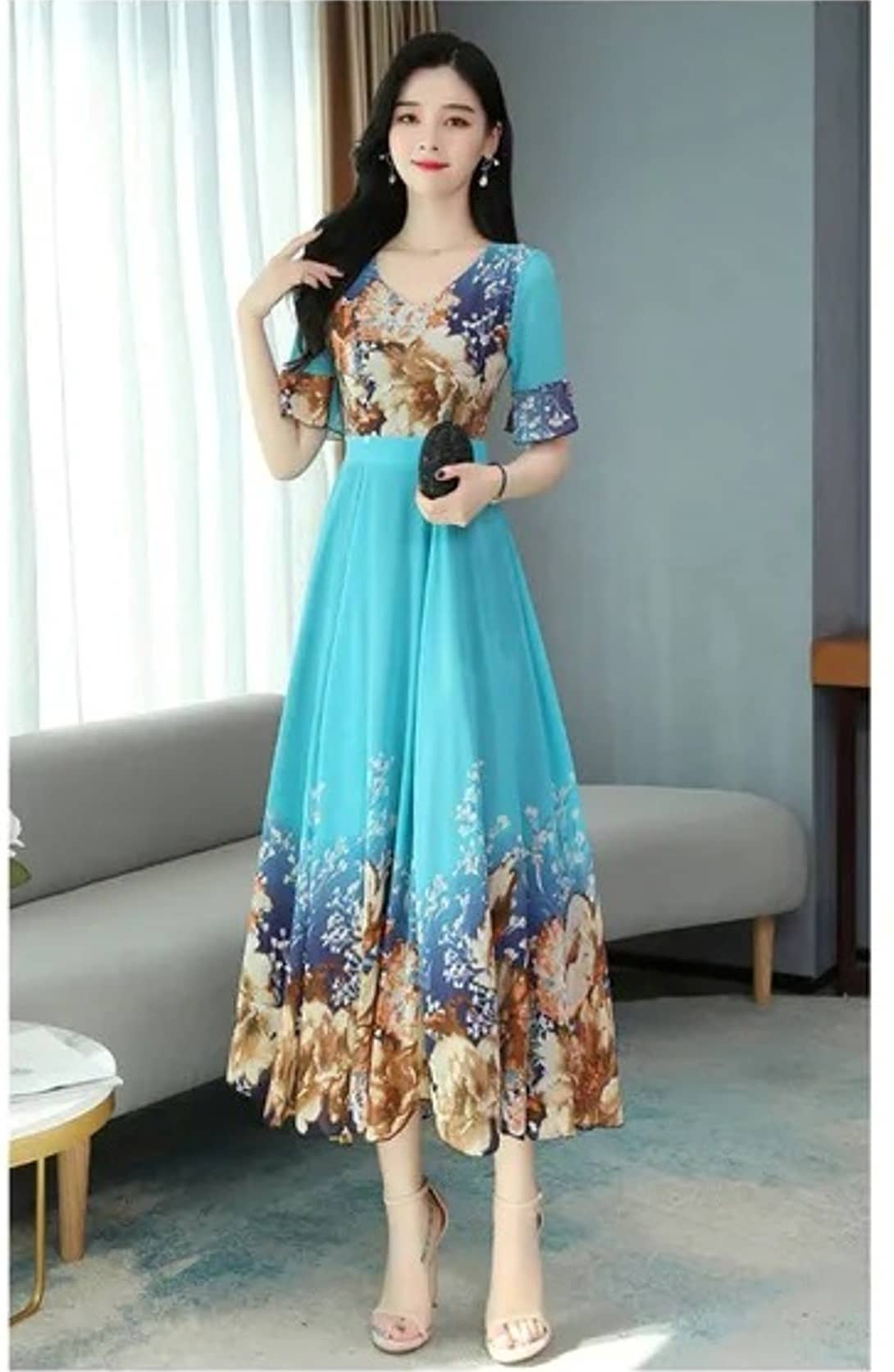 Raabta Fashion Women Georgette Printed Fit & Flare Dress ( Turquoise )