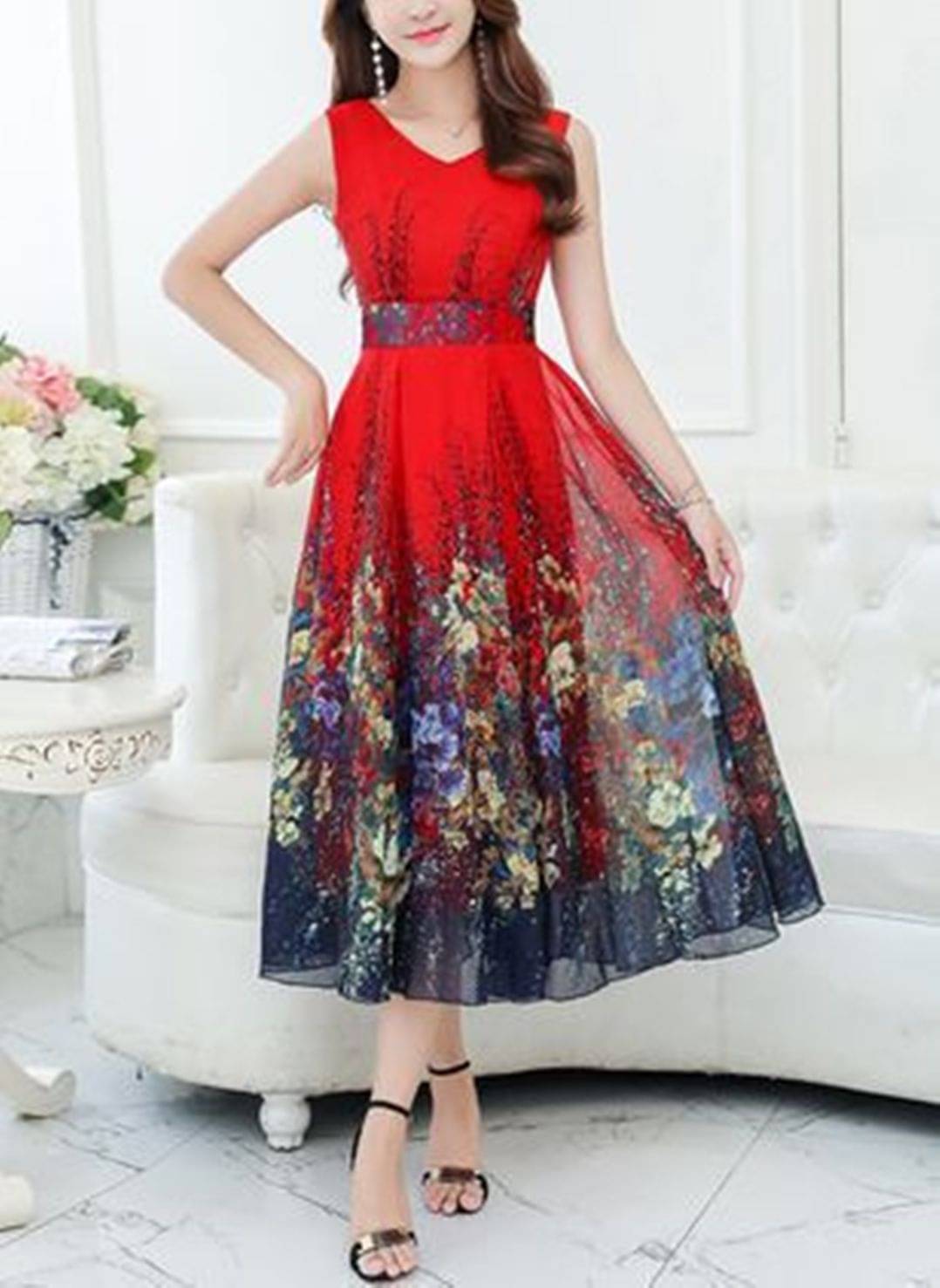Raabta Fashion Women Georgette Printed Fit & Flare Dress ( Red ) Raabta Fashion Women Georgette Printed Fit & Flare Dress ( Red )