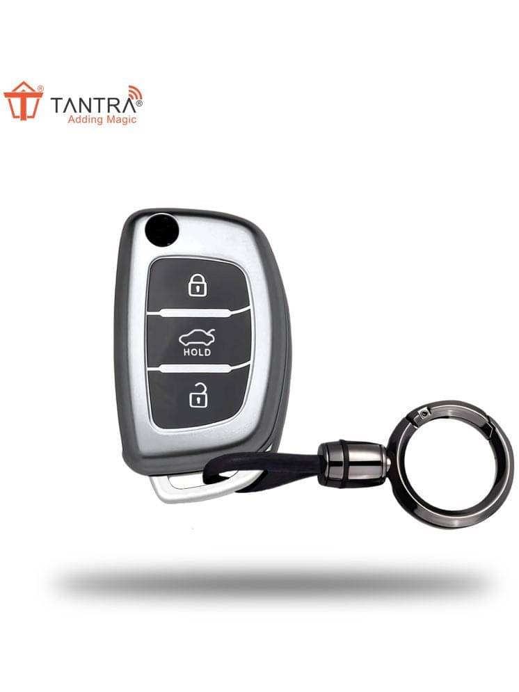     			TANTRA TPU Key Cover and Metal Keychain Compatible for Hyundai i 20, Xcent,Verna Flude 3 Button Flip Smart Key Cover Grey