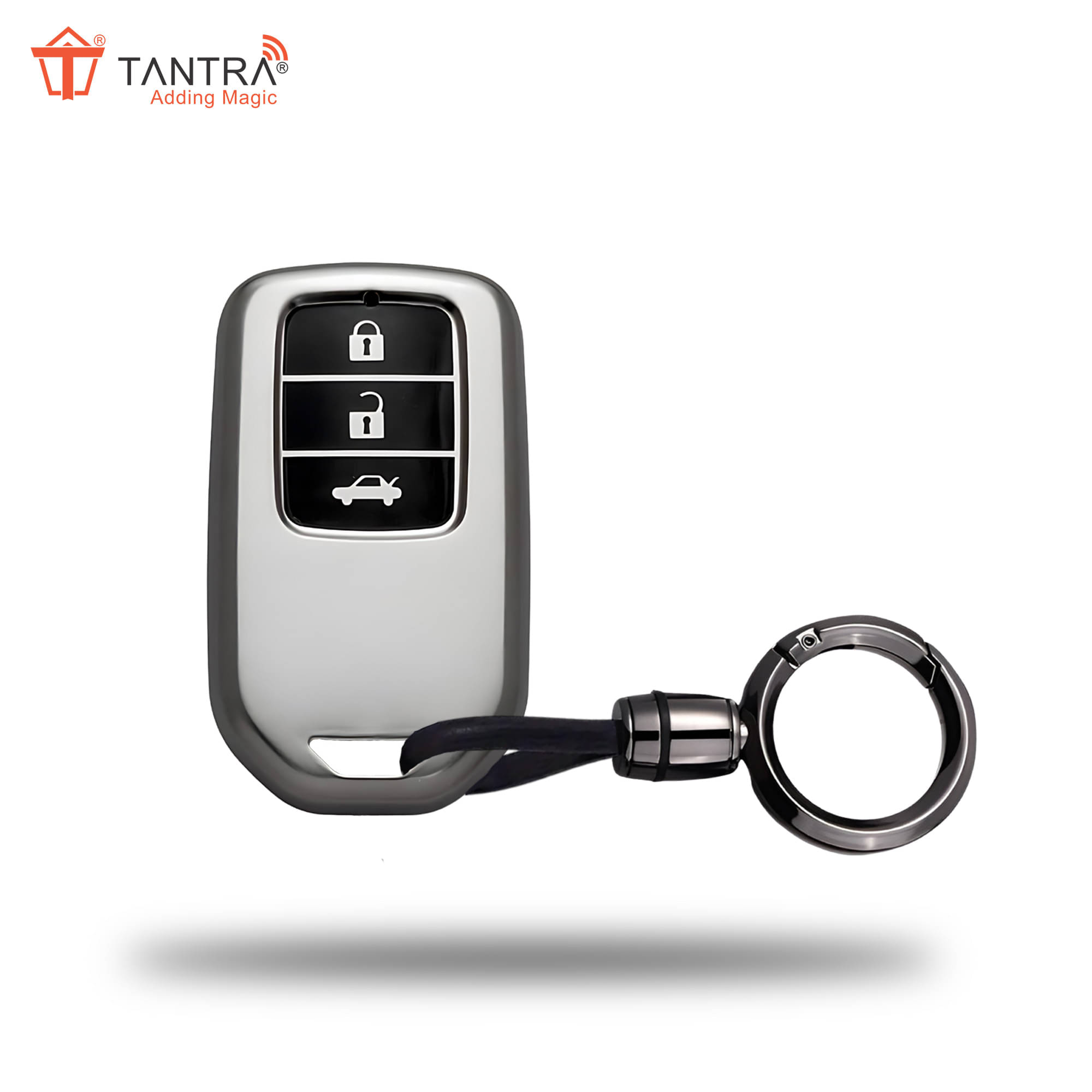     			TANTRA TPU Key Cover and Metal Keychain Compatible for Honda City, Civic, Jazz, Amaze, CR-V, BR-v, WR-V with 3 Button Smart Key (Grey)