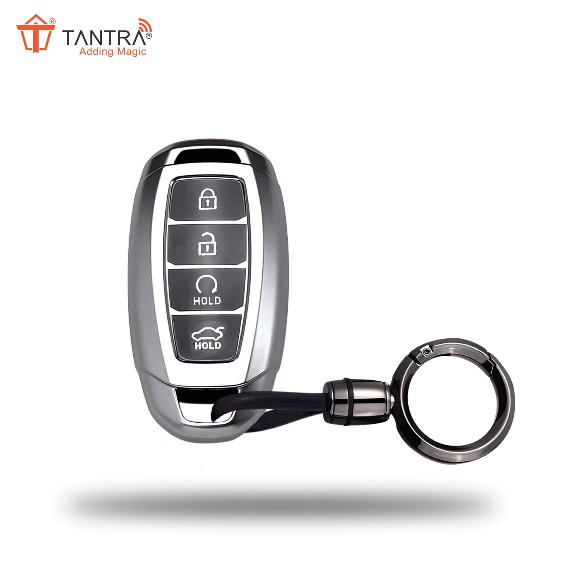    			TANTRA TPU Key Cover and Metal Keychain Compatible for Hyundai Verna 2023 Car 4 Button Smart Key (Grey)