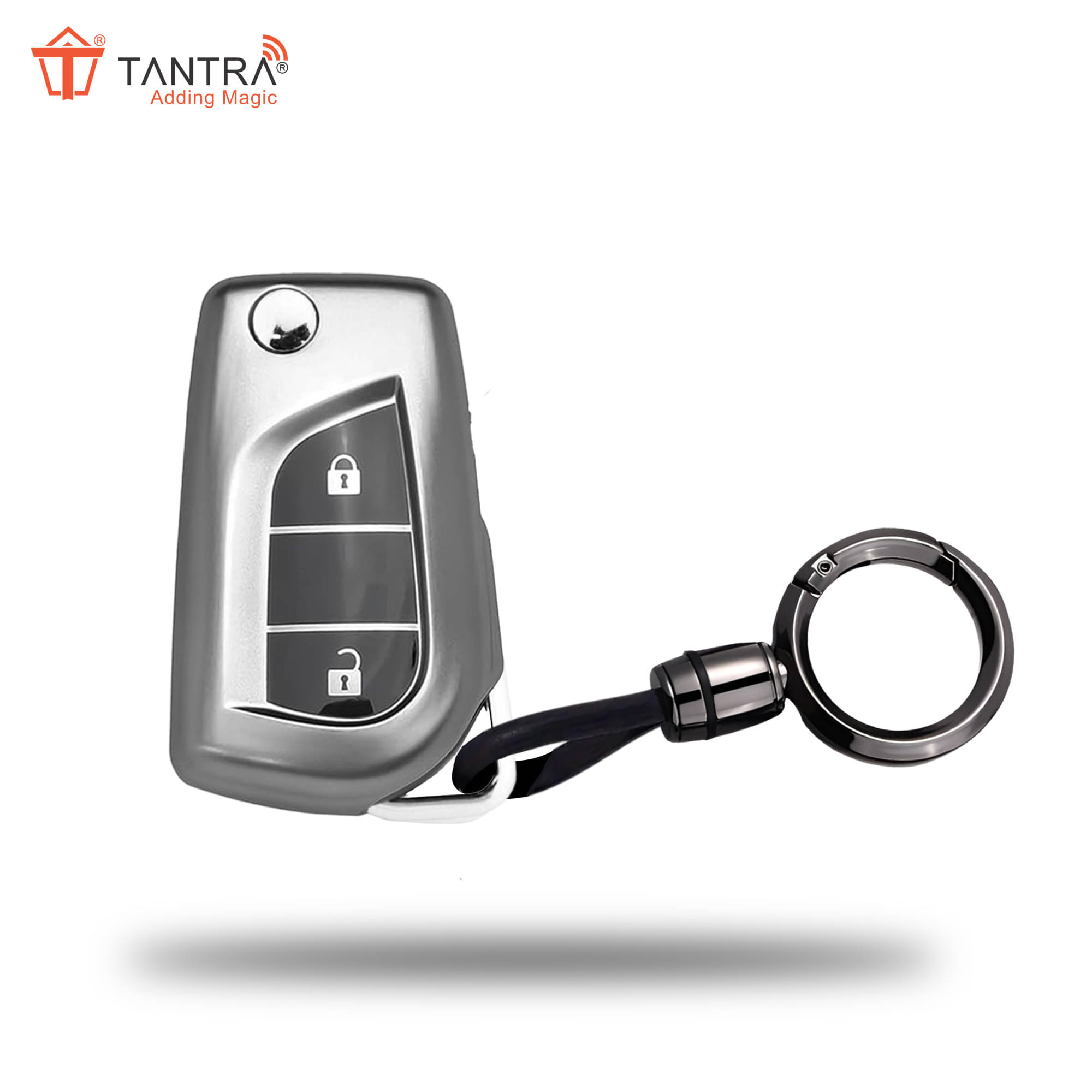 TANTRA TPU Key Cover and Metal Keychain Compatible for Toyota Corolla | Altis | Innova Crysta 2 Button Car Smart Key (Grey)     			TANTRA TPU Key Cover and Metal Keychain Compatible for Toyota Corolla | Altis | Innova Crysta 2 Button Car Smart Key (Grey)