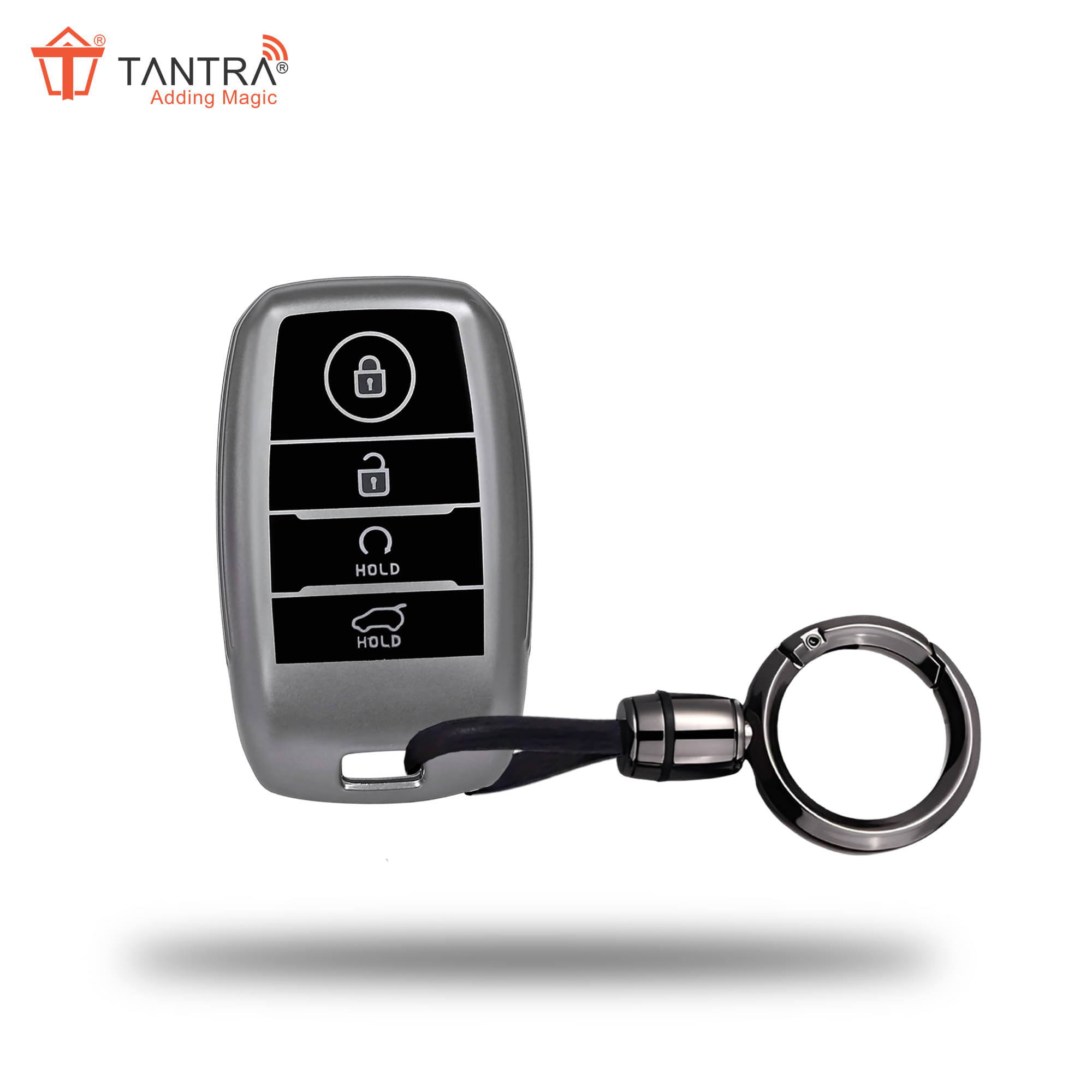     			TANTRA TPU Key Cover and Metal Keychain Compatible for Kia Seltos, Sonet, Carens, Carnival 4 Button Smart Key (Hold Button Down) (Grey)