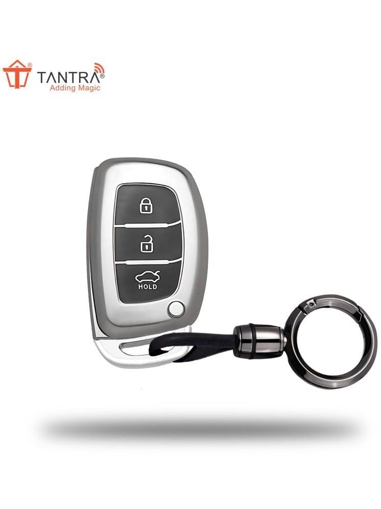     			TANTRA TPU Key Cover and Metal Keychain Compatible for Hyundai Aura Elantra I.10 Grand Nios I.20 Elite Verna 4S Creta I.10 Grand I.20 Activa Tucson Xcent\n3 Button Smart Key (Grey)\n
