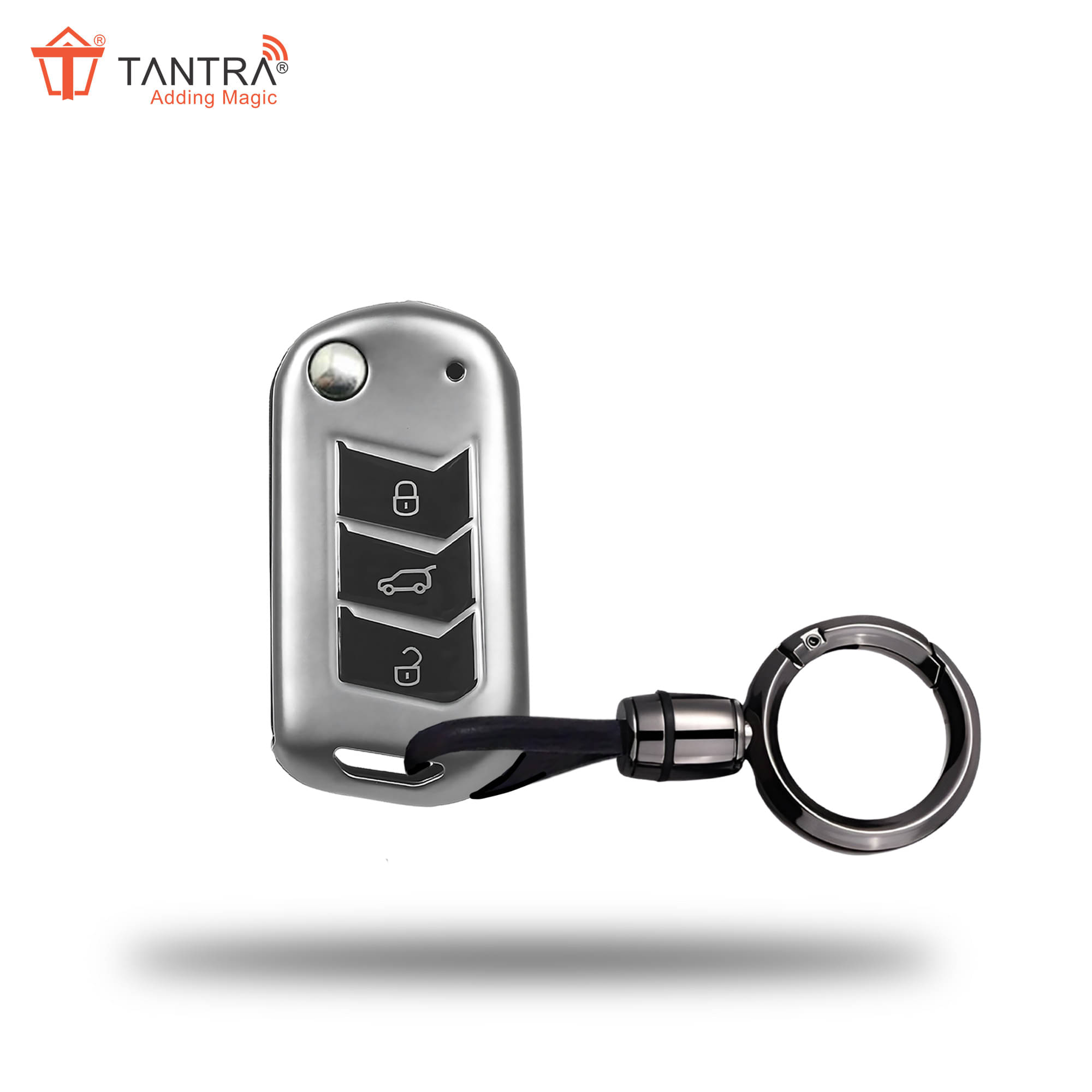     			TANTRA TPU Key Cover and Metal Keychain Compatible for Mahindra Scorpio 2019+| Bolero 2020+ XUV 300 | Marazzo | XUV 700 | XUV 400 ev | Bolero | Thar 2020+ 3 Button Flip Key (Grey)