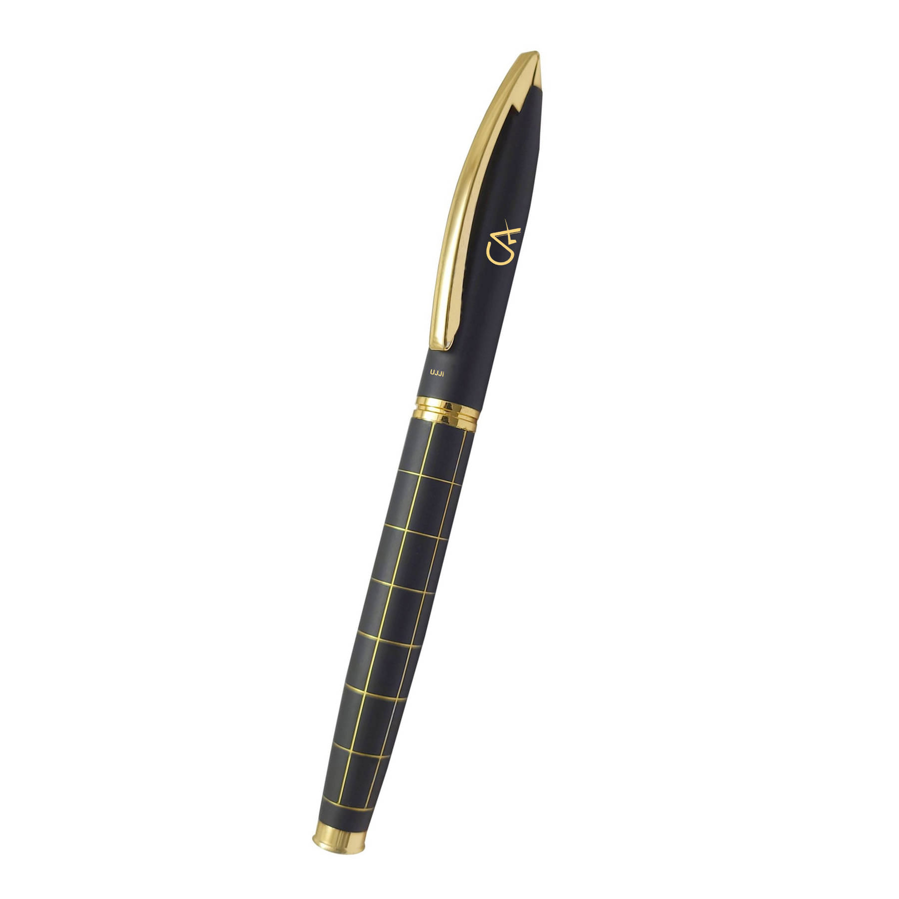 UJJi CA Logo Check Pattern Black Body with Gold Design Roller Ball Pen UJJi CA Logo Check Pattern Black Body with Gold Design Roller Ball Pen