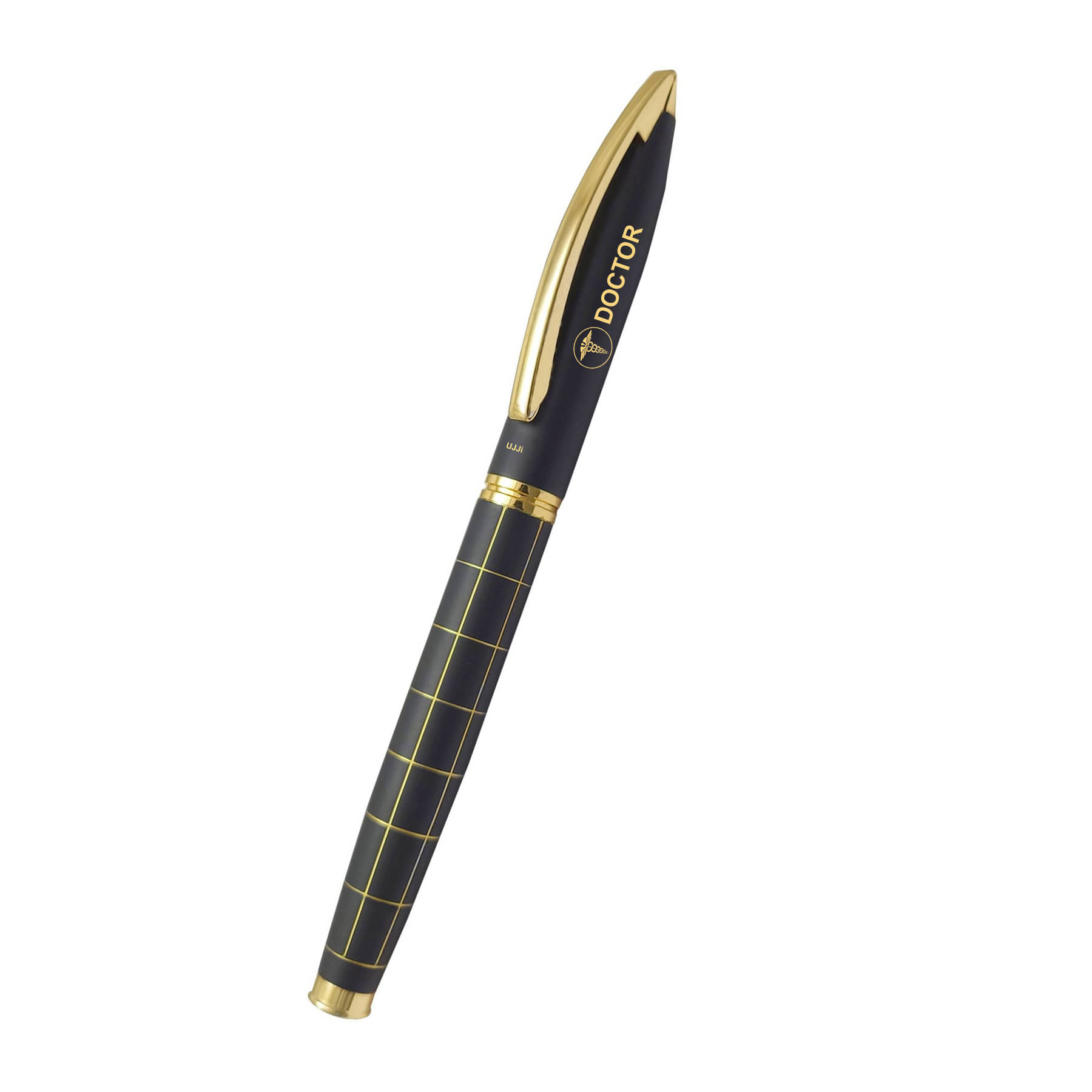     			UJJi Doctor Logo Check Pattern Black Body with Gold Design Roller Ball Pen