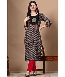 AMTHI 100% Cotton Printed Straight Women's Kurti - Black ( Pack of 1 )