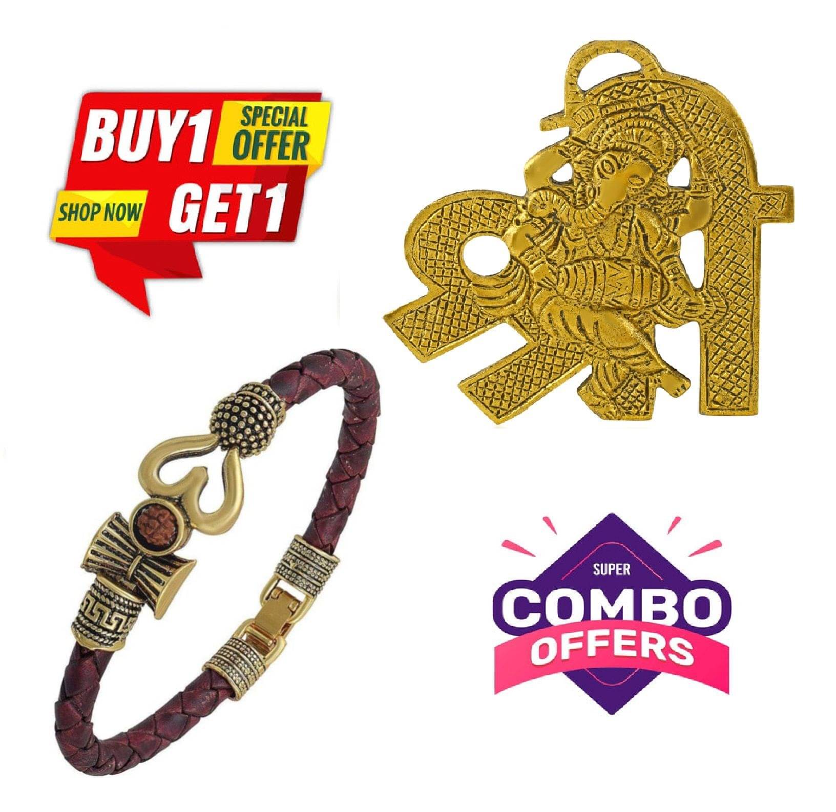     			Rudraksha OM Trishul Kada Bracelet and Ganesha Playing Dholak on Shree Shaped Base - (Pack of 2)