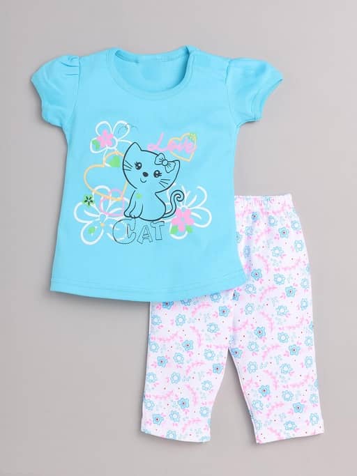 CUTEVIBE Pack of 1 Girls Cotton Blend Top With Pajama ( Sky Blue )