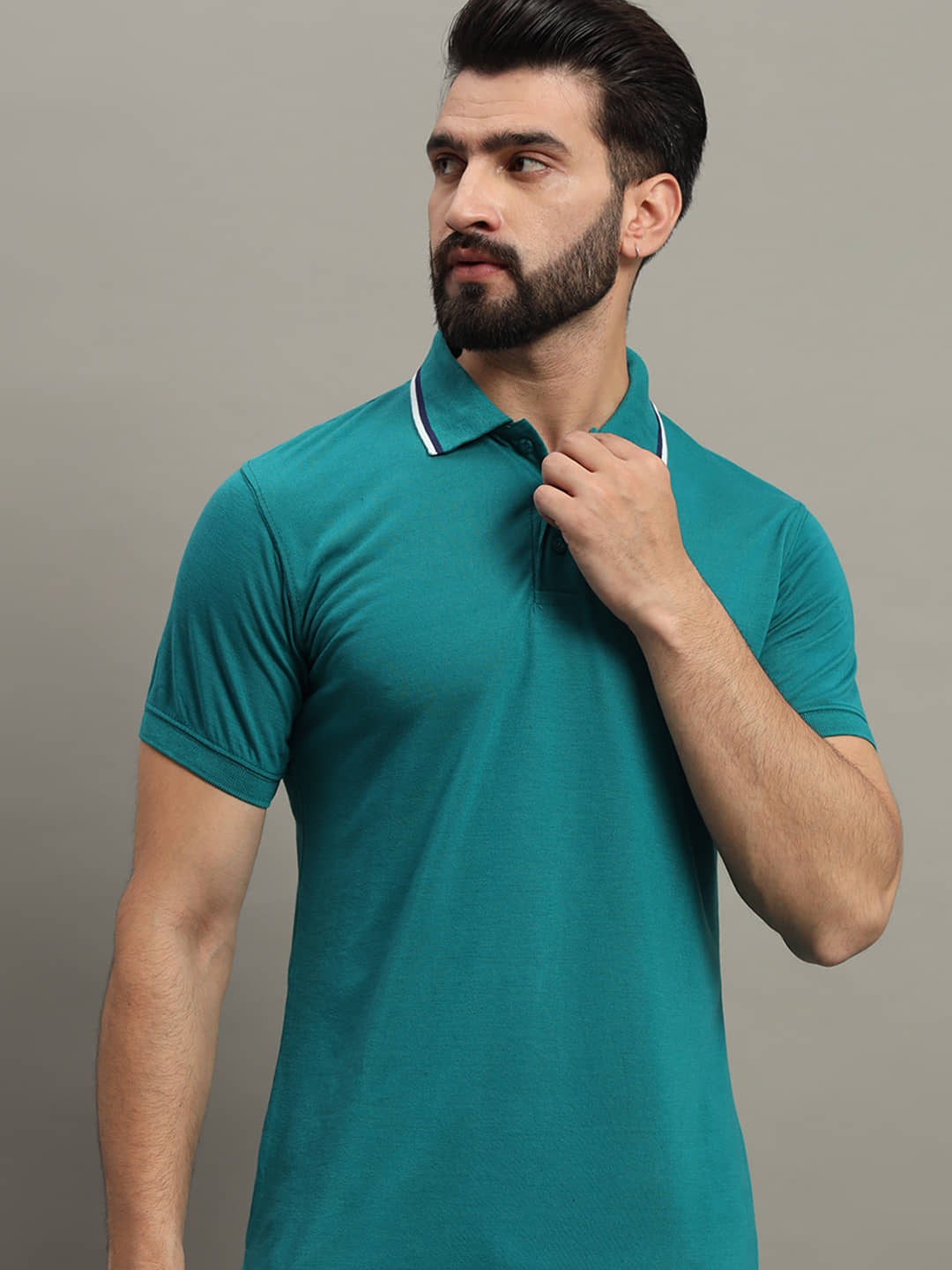 GET GOLF Pack of 1 Cotton Blend Regular Fit Self Design Half Sleeves Men's Polo T Shirt ( Teal Blue )