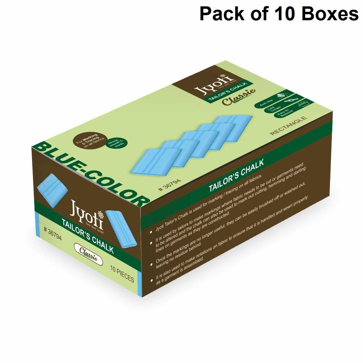     			Jyoti Blue Dust Free Rectangle Tailor's Chalk & Sewing Tailor Markers, Dressmaker Chalks, Perfect Markings on Fabrics/Clothes for Tailoring, Quilting, Crafts, and Sewing Supplies, 36794 - Pack of 10 Boxes
