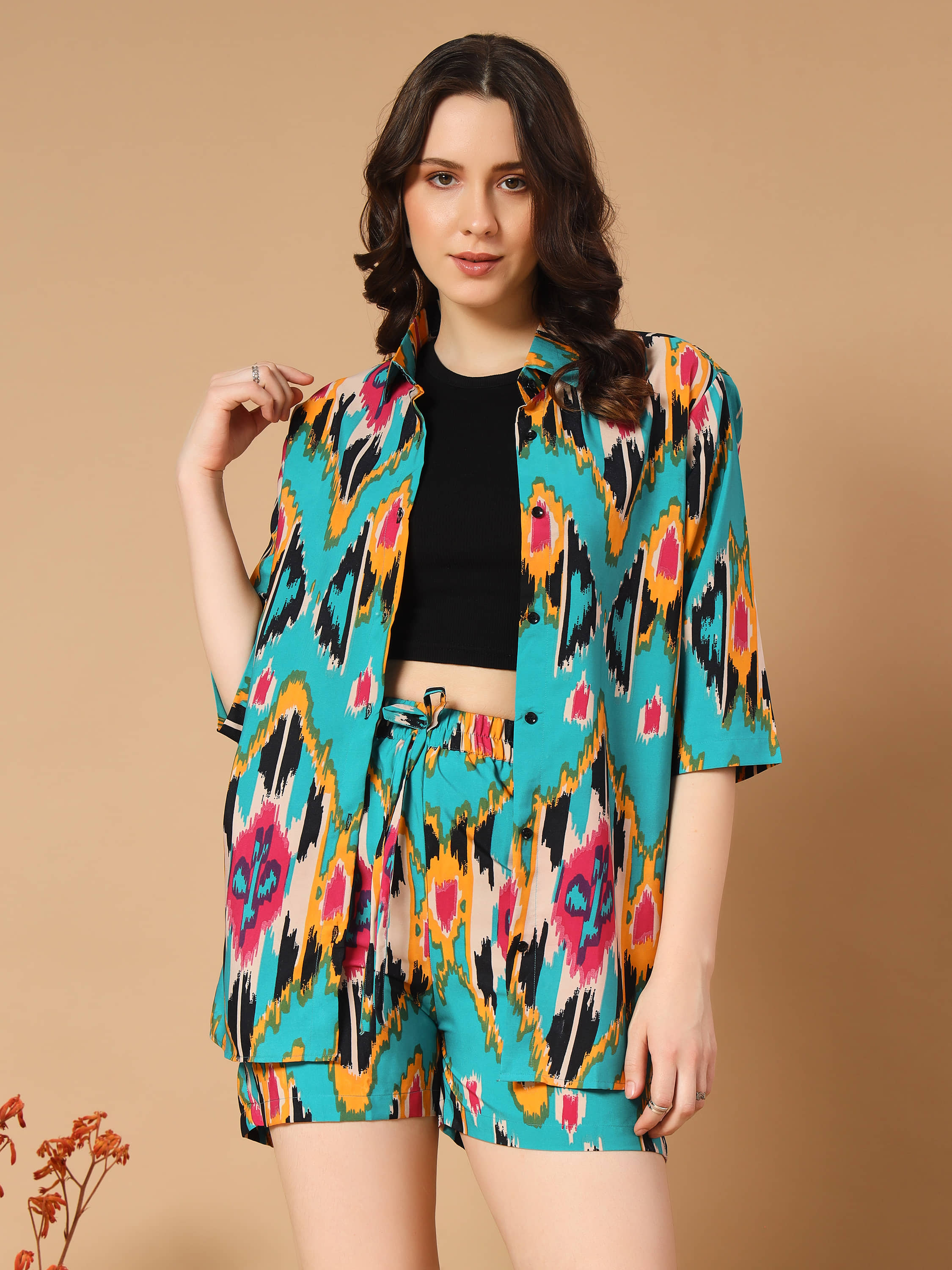 OTABU Women Printed Shirt With Shorts Co-Ord Set ( Green )