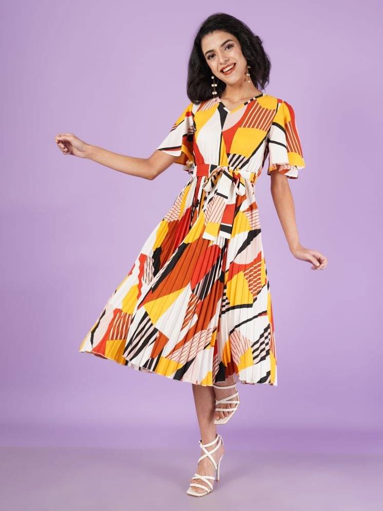 OTABU Women Rayon Printed Fit & Flare Dress ( White ) OTABU Women Rayon Printed Fit & Flare Dress ( White )