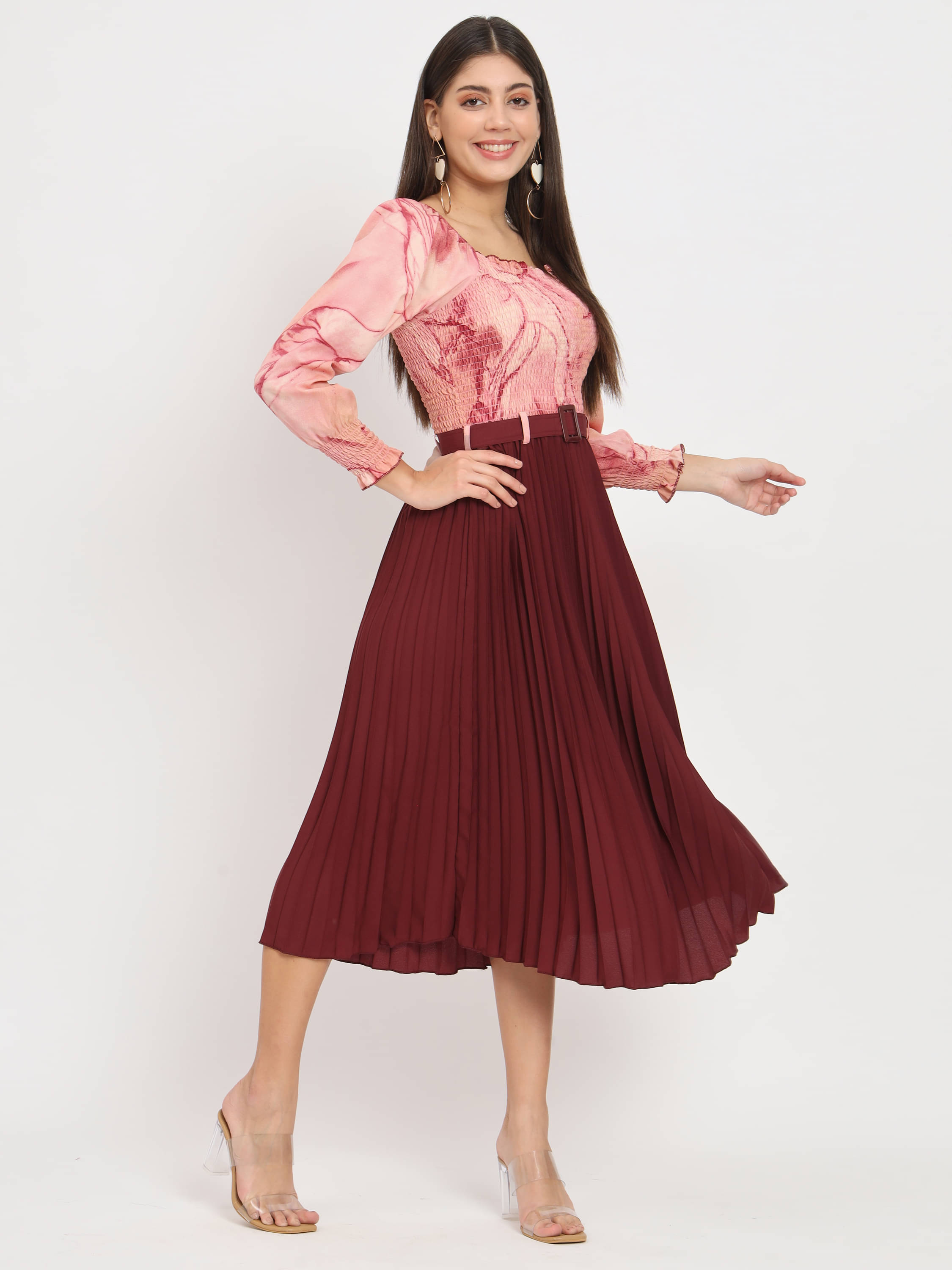 OTABU Women Rayon Printed A-line Dress ( Maroon ) OTABU Women Rayon Printed A-line Dress ( Maroon )