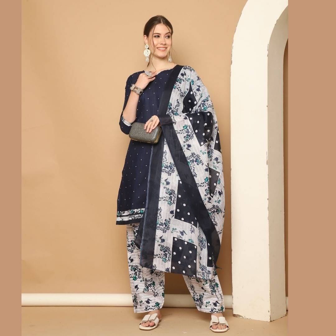 Rajnandini Cotton Blend Printed Kurti With Patiala Women's Stitched Salwar Suit - Navy ( Pack of 1 ) Rajnandini Cotton Blend Printed Kurti With Patiala Women's Stitched Salwar Suit - Navy ( Pack of 1 )