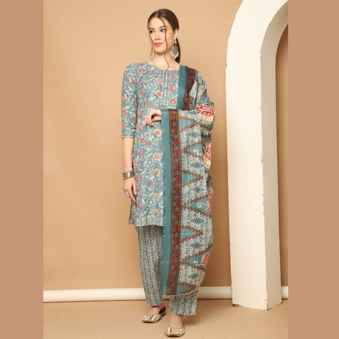 Rajnandini Women Cotton Blend Printed Straight Kurti With Patiala Salwar ( Green )     			Rajnandini Women Cotton Blend Printed Straight Kurti With Patiala Salwar ( Green )