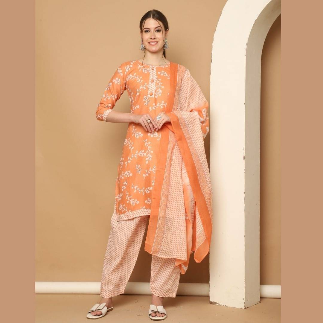    			Rajnandini Women Cotton Blend Printed Straight Kurti With Patiala Salwar ( Orange )
