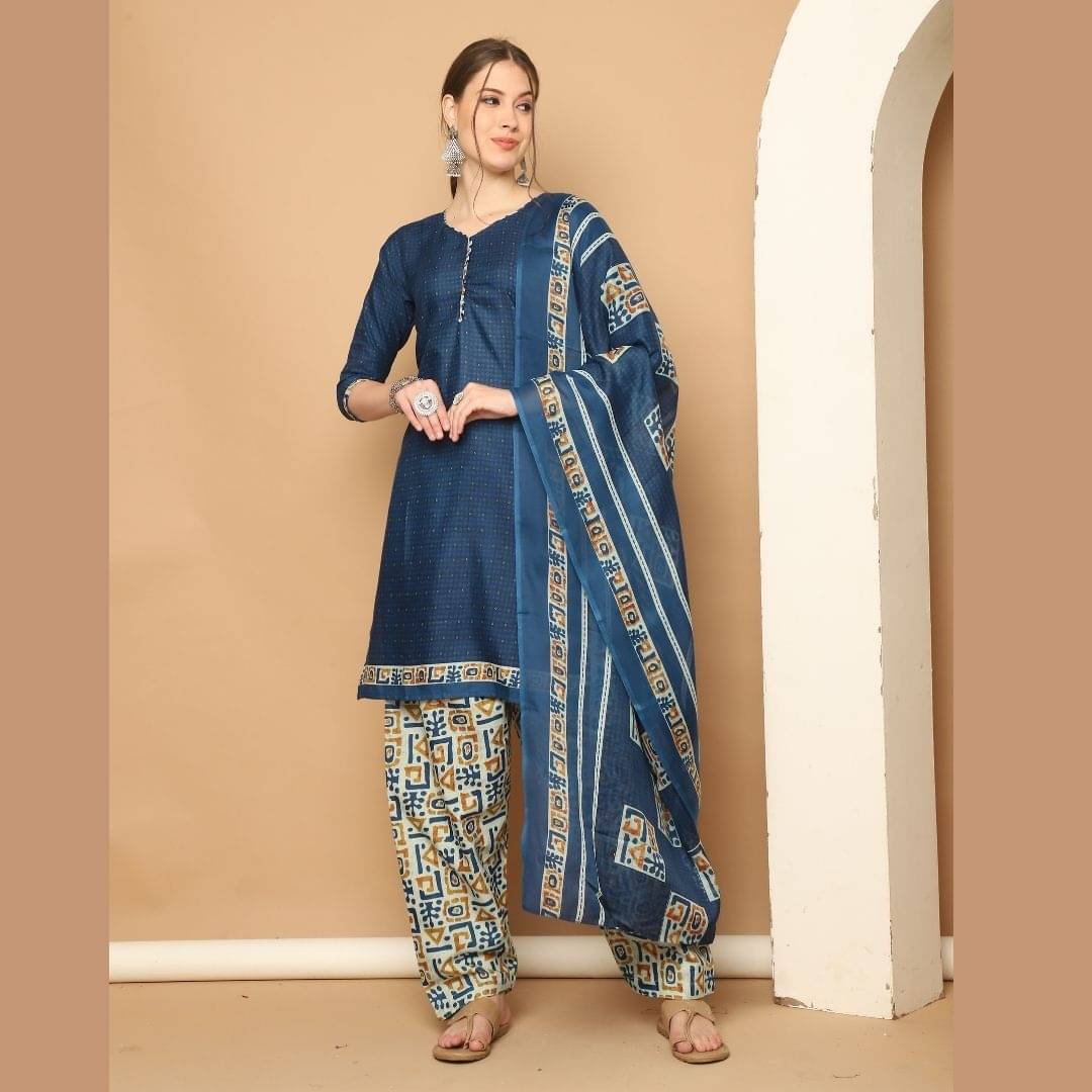 Rajnandini Women Cotton Blend Printed Straight Kurti With Patiala Salwar ( Blue ) Rajnandini Women Cotton Blend Printed Straight Kurti With Patiala Salwar ( Blue )