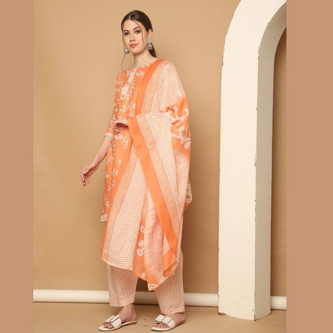 Rajnandini Women Cotton Blend Printed Straight Kurti With Patiala Salwar ( Orange )     			Rajnandini Women Cotton Blend Printed Straight Kurti With Patiala Salwar ( Orange )