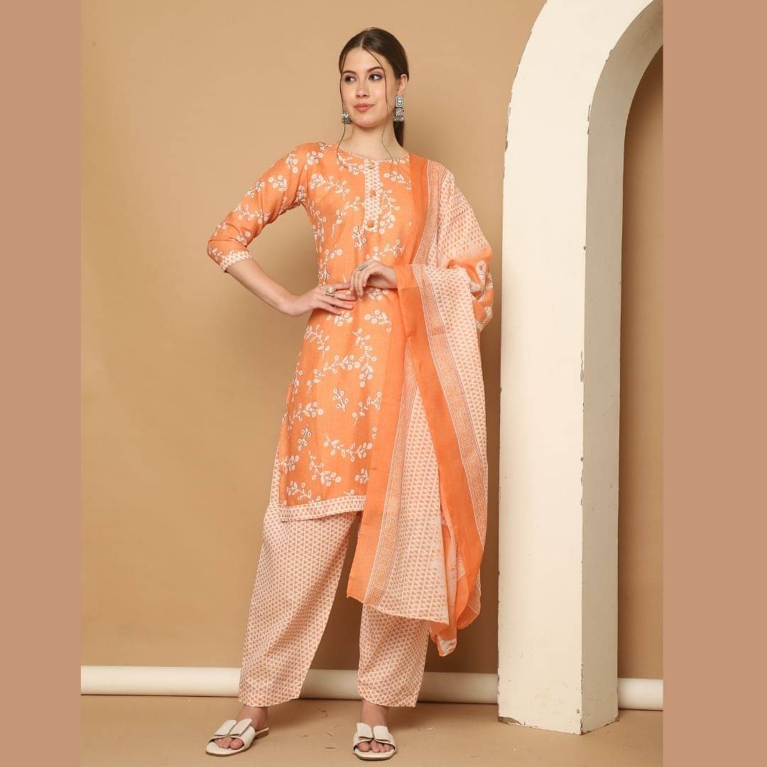     			Rajnandini Women Cotton Blend Printed Straight Kurti With Patiala Salwar ( Orange )