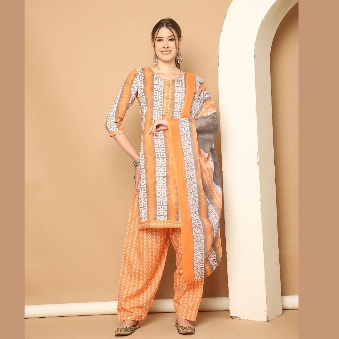     			Rajnandini Women Cotton Blend Printed Straight Kurti With Patiala Salwar ( Orange )