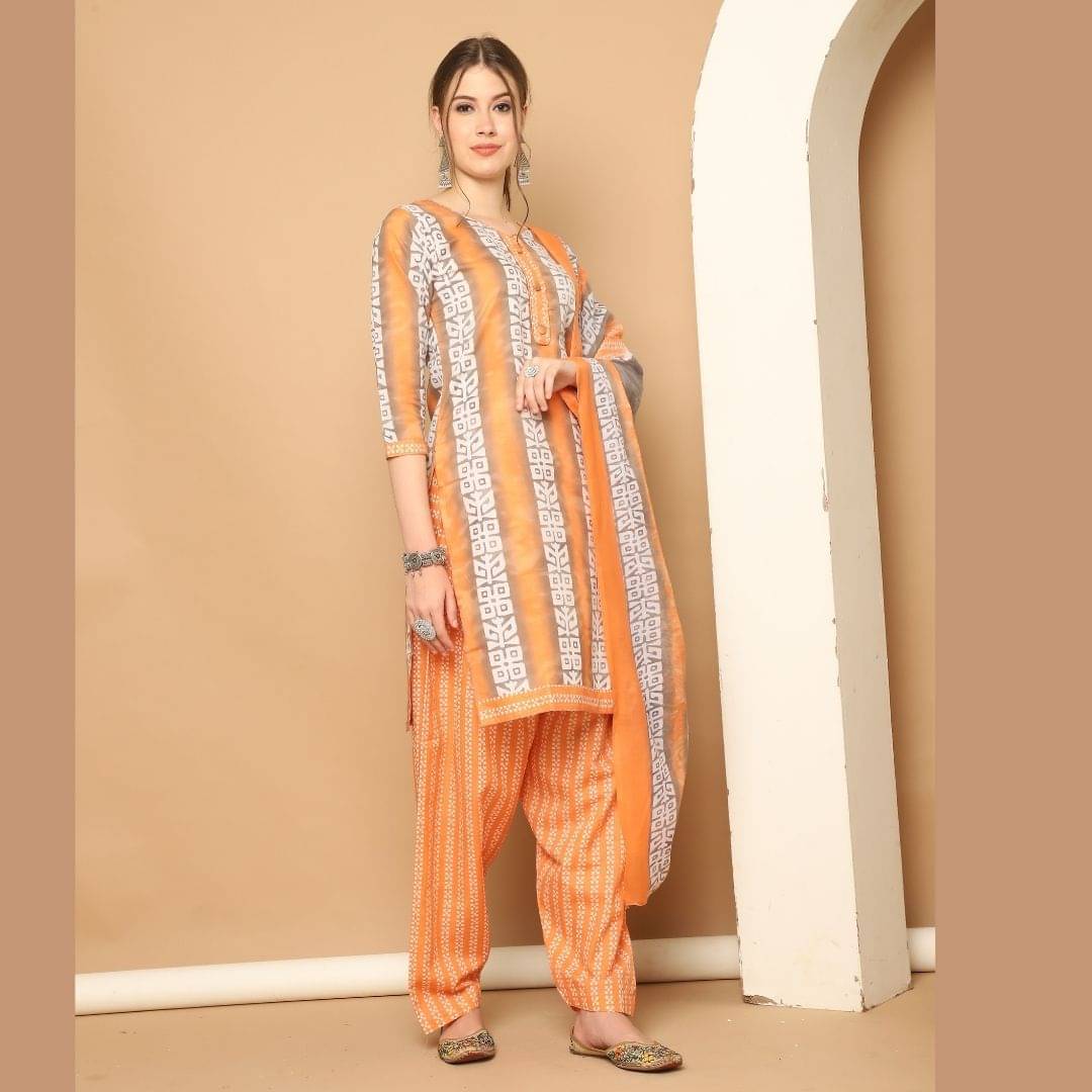     			Rajnandini Women Cotton Blend Printed Straight Kurti With Patiala Salwar ( Orange )