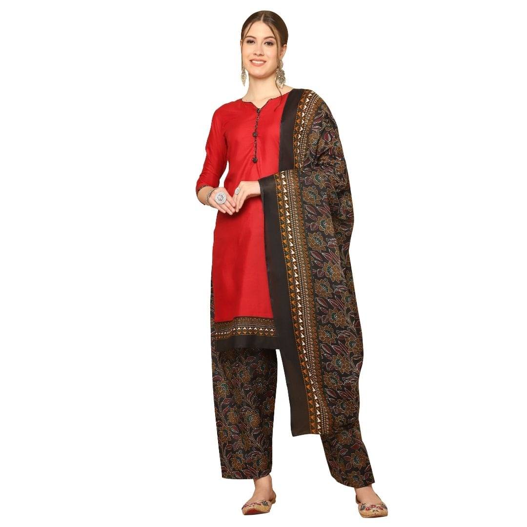     			Rajnandini Women Cotton Blend Printed Straight Kurti With Patiala Salwar ( Maroon )
