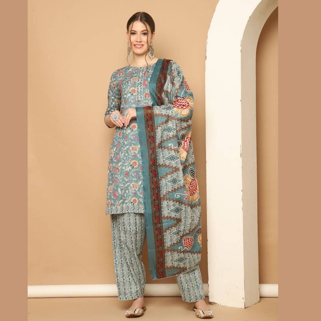 Rajnandini Women Cotton Blend Printed Straight Kurti With Patiala Salwar ( Green ) Rajnandini Women Cotton Blend Printed Straight Kurti With Patiala Salwar ( Green )