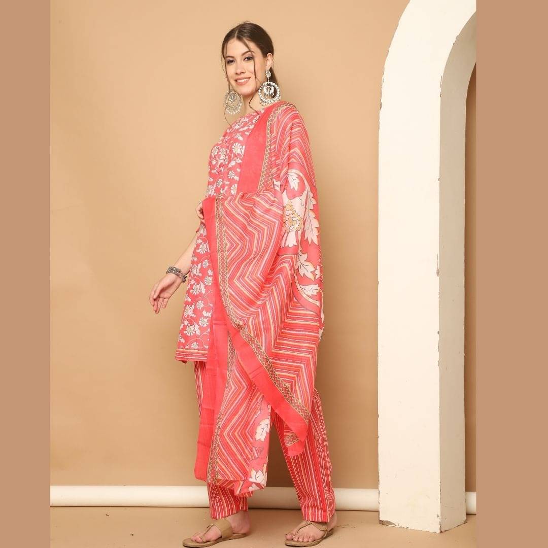 Rajnandini Women Cotton Blend Printed Straight Kurti With Patiala Salwar ( Peach ) Rajnandini Women Cotton Blend Printed Straight Kurti With Patiala Salwar ( Peach )