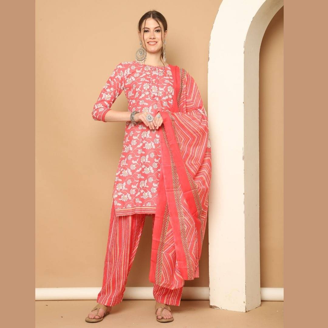     			Rajnandini Women Cotton Blend Printed Straight Kurti With Patiala Salwar ( Peach )