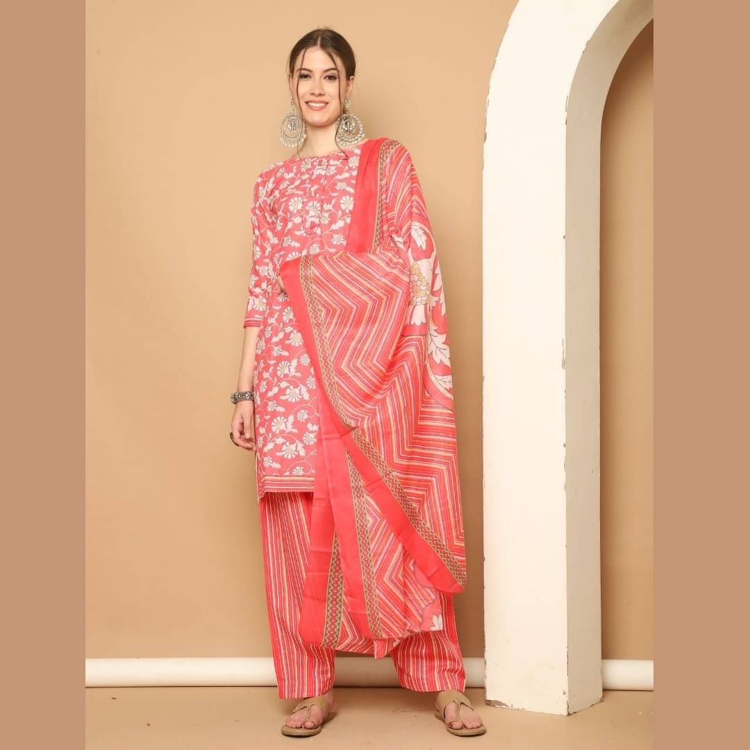 Rajnandini Women Cotton Blend Printed Straight Kurti With Patiala Salwar ( Peach )     			Rajnandini Women Cotton Blend Printed Straight Kurti With Patiala Salwar ( Peach )