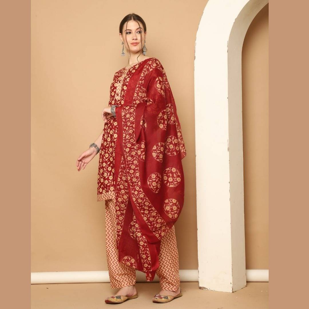 Rajnandini Women Cotton Blend Printed Straight Kurti With Patiala Salwar ( Maroon )     			Rajnandini Women Cotton Blend Printed Straight Kurti With Patiala Salwar ( Maroon )