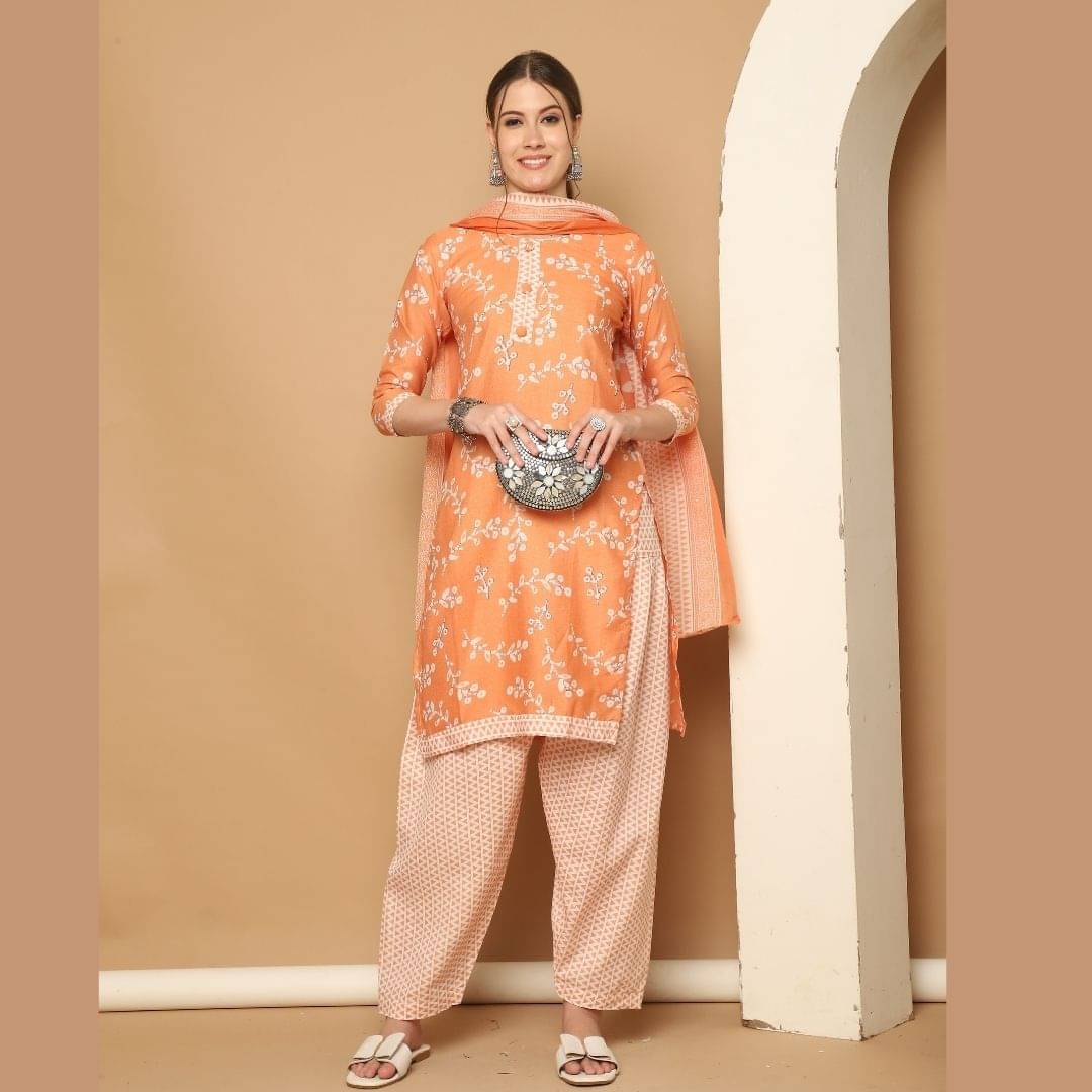     			Rajnandini Women Cotton Blend Printed Straight Kurti With Patiala Salwar ( Orange )