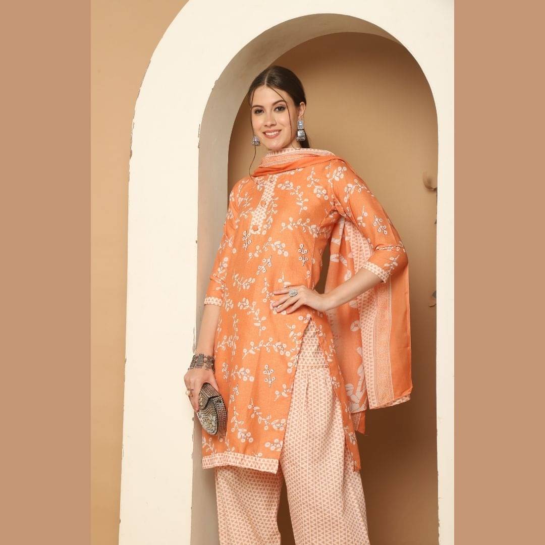     			Rajnandini Women Cotton Blend Printed Straight Kurti With Patiala Salwar ( Orange )