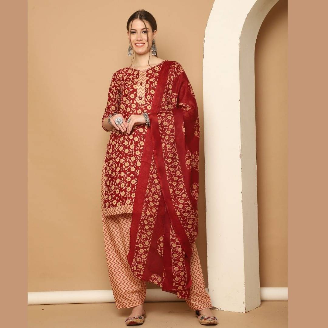 Rajnandini Women Cotton Blend Printed Straight Kurti With Patiala Salwar ( Maroon )     			Rajnandini Women Cotton Blend Printed Straight Kurti With Patiala Salwar ( Maroon )