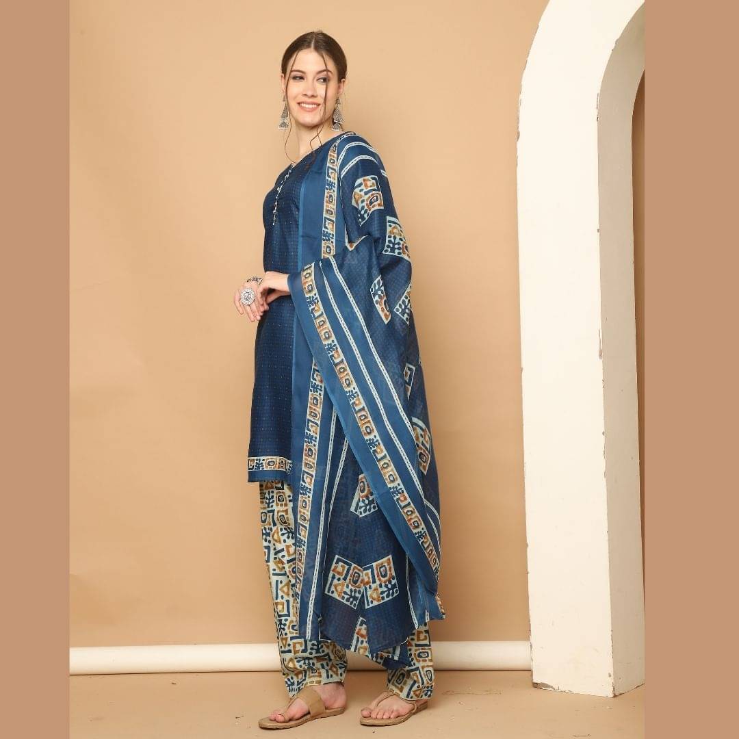     			Rajnandini Women Cotton Blend Printed Straight Kurti With Patiala Salwar ( Blue )