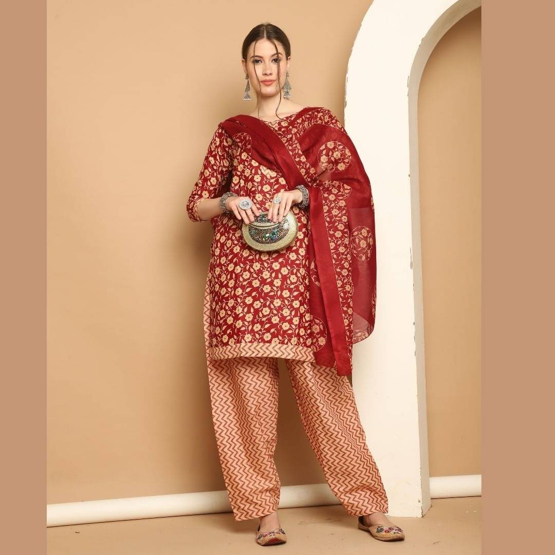 Rajnandini Women Cotton Blend Printed Straight Kurti With Patiala Salwar ( Maroon )     			Rajnandini Women Cotton Blend Printed Straight Kurti With Patiala Salwar ( Maroon )