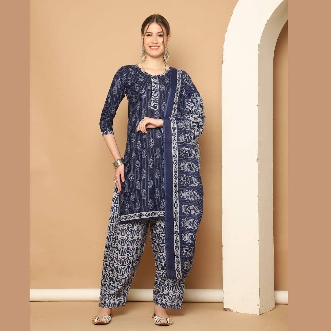     			Rajnandini Women Cotton Blend Printed Straight Kurti With Patiala Salwar ( Navy )