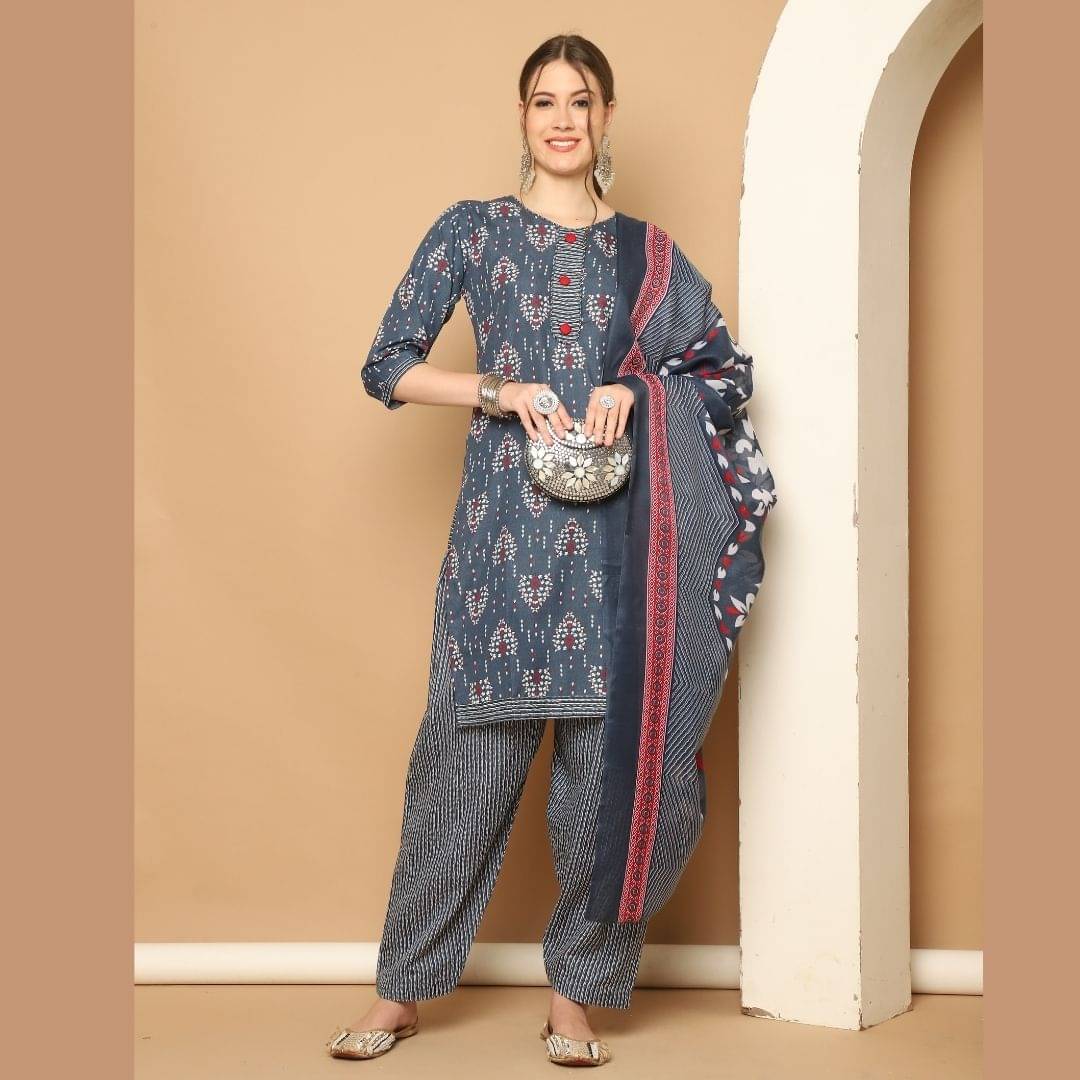 Rajnandini Women Cotton Blend Printed Straight Kurti With Patiala Salwar ( Grey )     			Rajnandini Women Cotton Blend Printed Straight Kurti With Patiala Salwar ( Grey )
